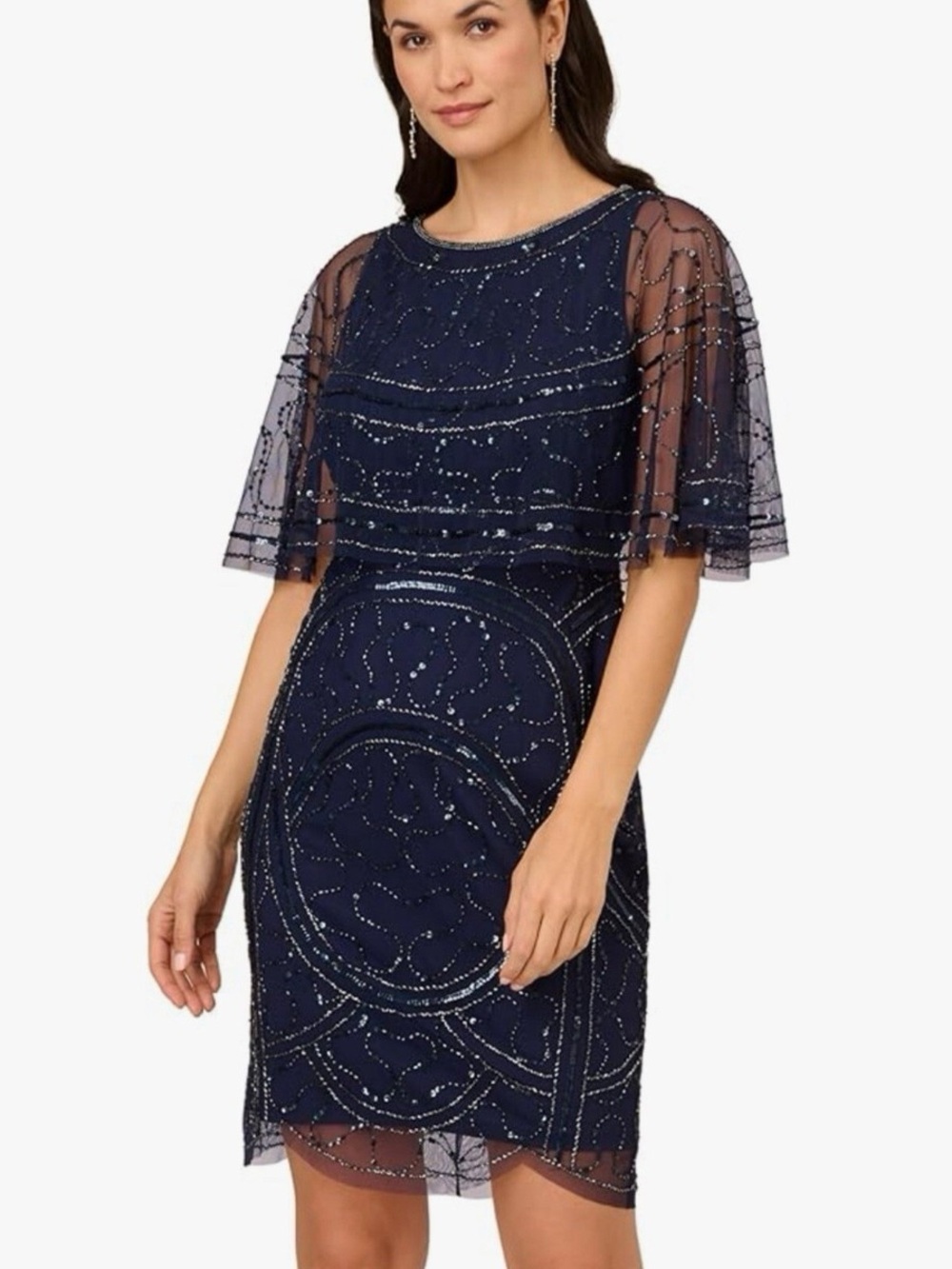Adrianna Papell Navy Beaded Midi Dress with Capelet size 4 wedding party